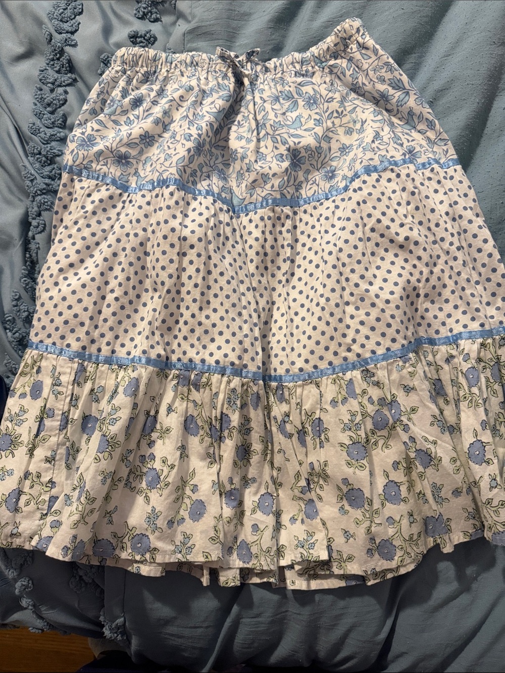 Mini Boden Cream and Light Blue Tiered Floral & Polka Dot Skirt
